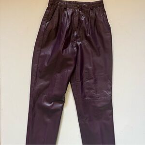 Vintage High Rise Pleated Eggplant Leather Pants size 8